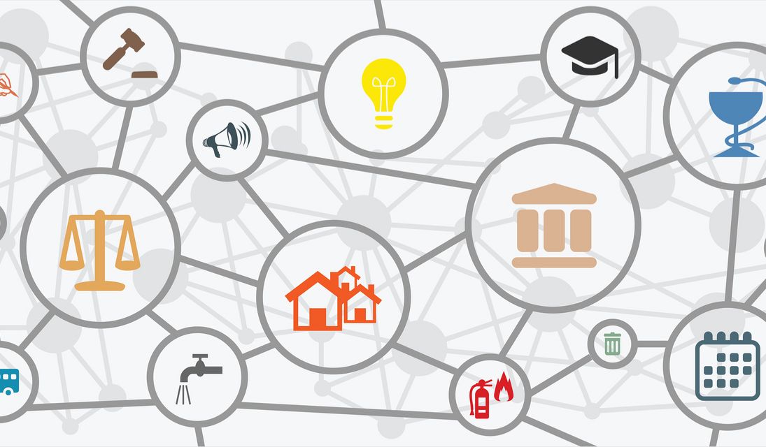 A diagram with various icons representing public sector services and concepts.